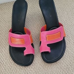 Cole Haan wedge sandals, Size 8, orange, pink and black.